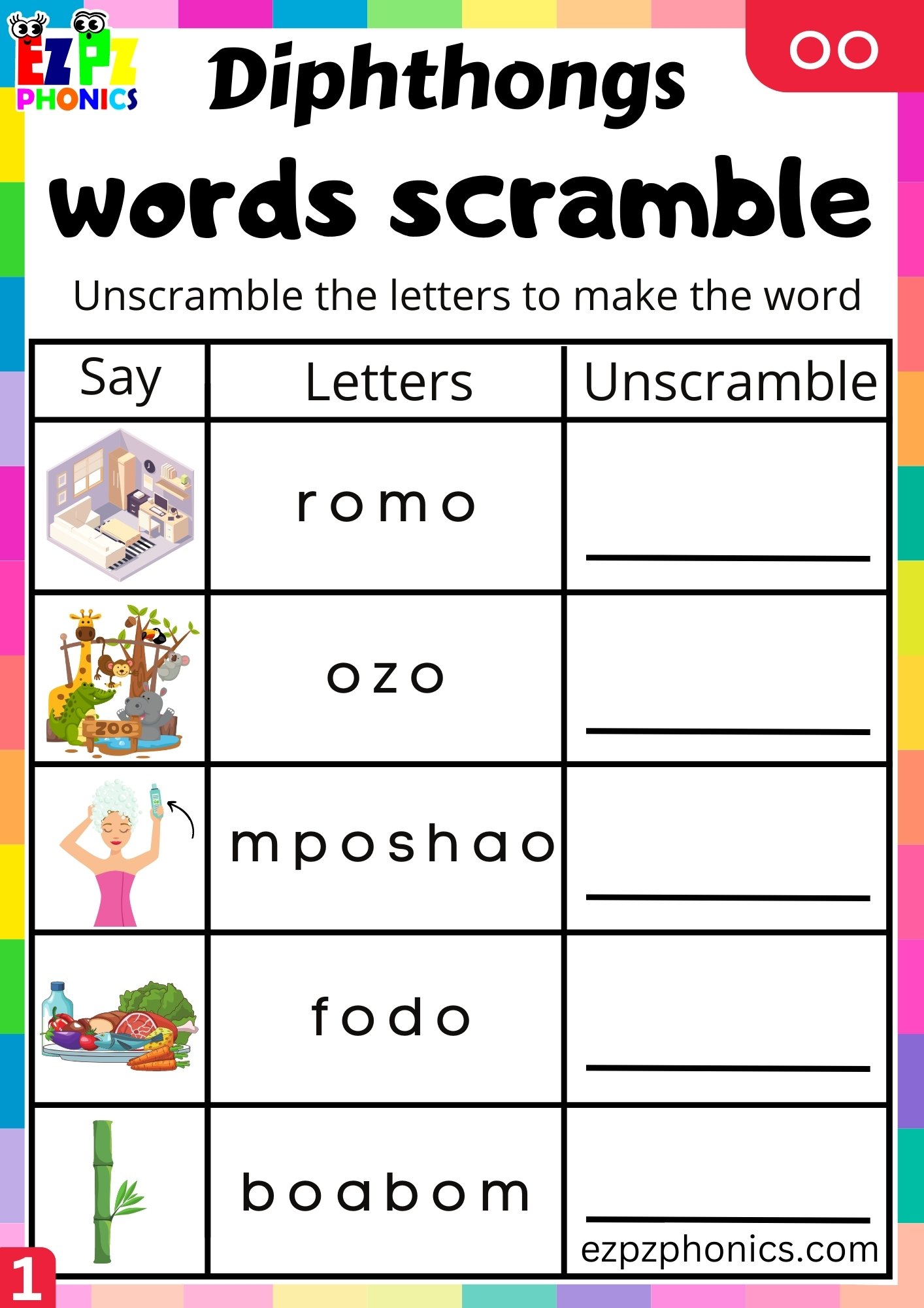oo Diphthong Word Scramble Worksheet PDF Download